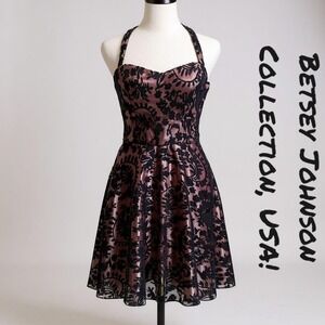 Betsey Johnson Sz‎ 4 Vintage Black Lace Halter w/ Pink Satin Lining  Party Dress